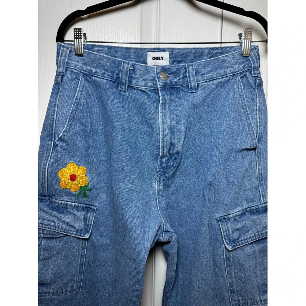 Obey Floral Embroidered Bigwig Cargo Jeans Medium Wash Wide Leg Size 30